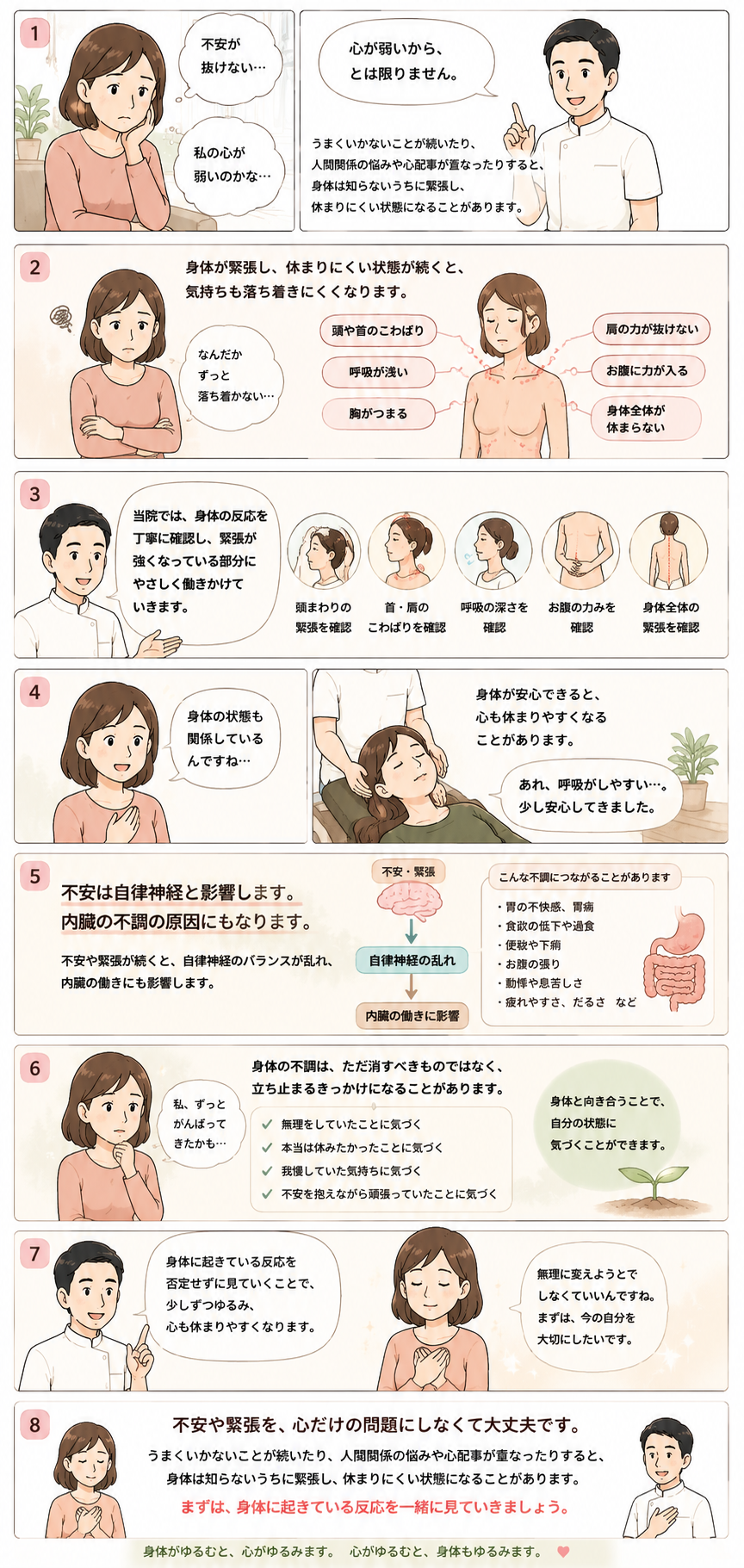 身体が休まらないと、心も休まりにくくなります。不安や緊張を心だけの問題にせず、身体の反応を見ていく流れを描いたまんが